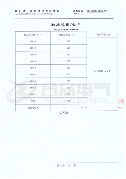 回路電阻測試儀證書(shū)